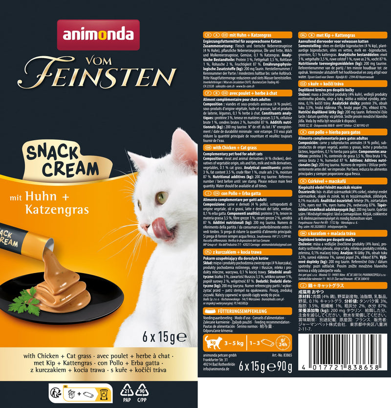 vom Feinsten Cat Snack Cream (6 x 15g), delicious cat snack with tender chicken and nutritious cat grass in practical fresh bags from animonda Snack Chicken + Cat Grass 15 g (pack of 6) - BeesActive Australia