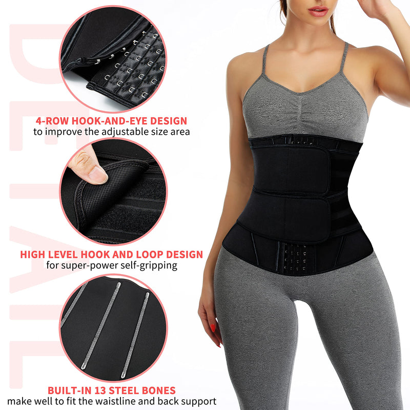 KIWI RATA Neoprene Sauna Waist Trainer Corset Sweat Belt for Women Compression Cincher Band Workout Fitness Back Support Medium #3 Hooks Black(13 X-steel Bones 2 Straps)
