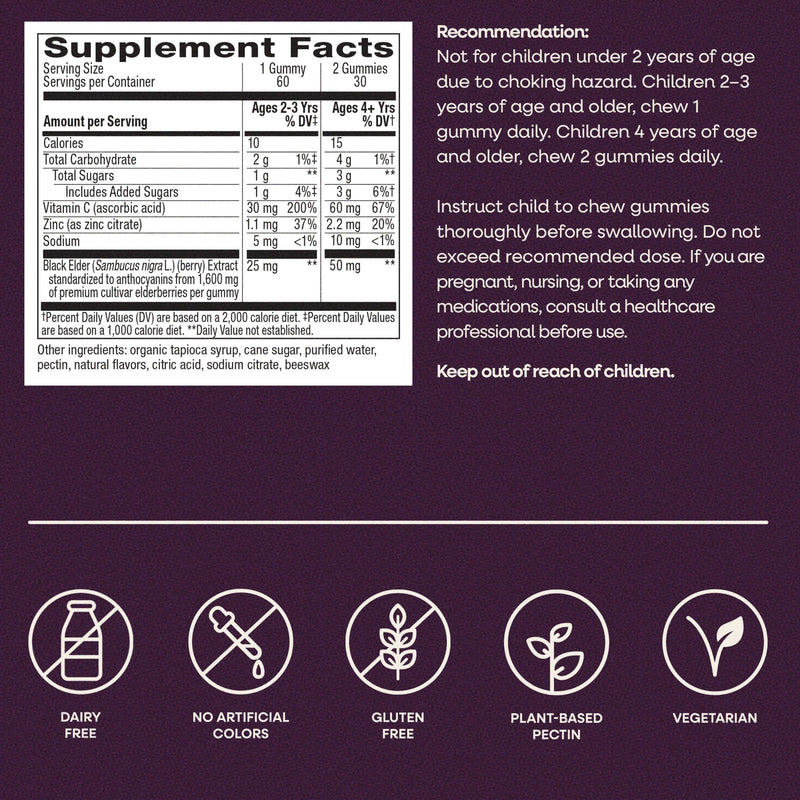 Nature's Way Sambucus Kids Elderberry Immune Gummies, Ages 2+, 60 ct x 3 | Daily Immune Support Gummy with Black Elderberry Extract, Vitamin C and Zinc, for Children Ages 2+*, Set of 3 60 Count (Pack of 3)