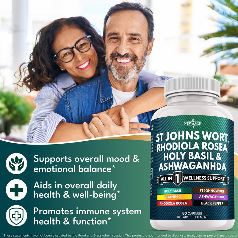 NEW AGE St Johns Wort, Rhodiola Rosea, Holy Basil, Ashwagandha - Support for Women and Men with Vitamin C & Black Pepper Extract - 180 Count 60 Count (Pack of 3)