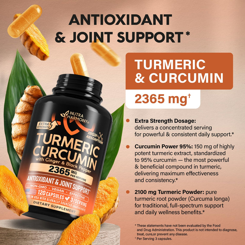 Turmeric Curcumin Supplement 2365 mg - Turmeric with Ginger & Black Pepper - Highly Bioavailable & Extra Strength 95% Curcuminoids - Antioxidant, Immunity & Joint Support - Made in USA - 120 Capsules - BeesActive Australia