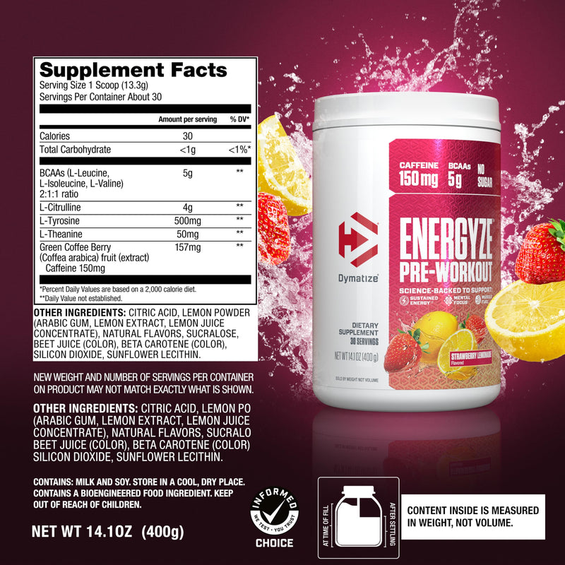 Dymatize Energyze Pre Workout Powder for Men and Women, Strawberry Lemonade Flavor, 150mg Caffeine, 5g BCAAs, Performance Blend of L-Theanine, L-Tyrosine, L-Citrulline, No Sugar, 30 Servings 14.1 Ounce (Pack of 1) - BeesActive Australia