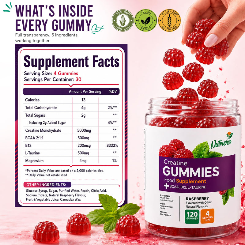 Creatine Gummies for Easy Daily Supplementation, Creatine Monohydrate Gummies with BCAA, Vitamin B12 & L-Taurine, 5000mg Per Serving, Vegan, Gluten Free, Non-GMO, Raspberry Flavour, 120 Gummies