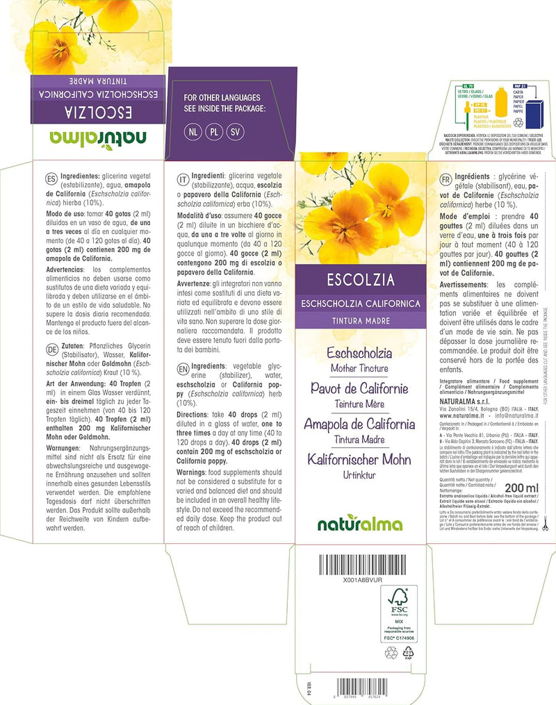 Eschscholzia (Eschscholzia californica) herb Alcohol-Free Mother Tincture Naturalma | Liquid Extract Drops 200 ml | Food Supplement | Vegan - BeesActive Australia