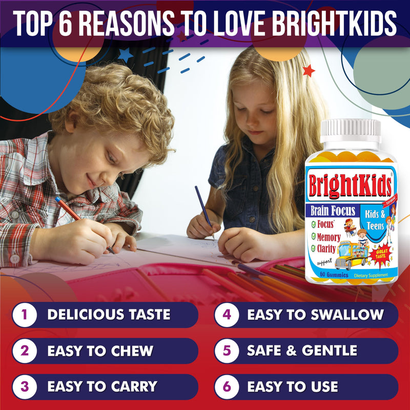 BrightKids Focus Gummies for Kids & Teens – Brain Gummies for Memory and Focus, Omega 3 DHA Brain Vitamins for Kids, Attention & Learning Support Childrens Vitamins, Drug-Free, Made in USA, 60 Count