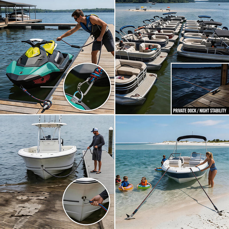 Obcursco Heavy Duty Boat Dock Lines (7ft & 14ft) - 1/2" Marine Mooring Rope with 316 Stainless Steel Clip - Accessories for PWC, Pontoon, Center Console, Jet Ski (Black/Red/Blue, 2 Pack) Black/Red/Blue - BeesActive Australia