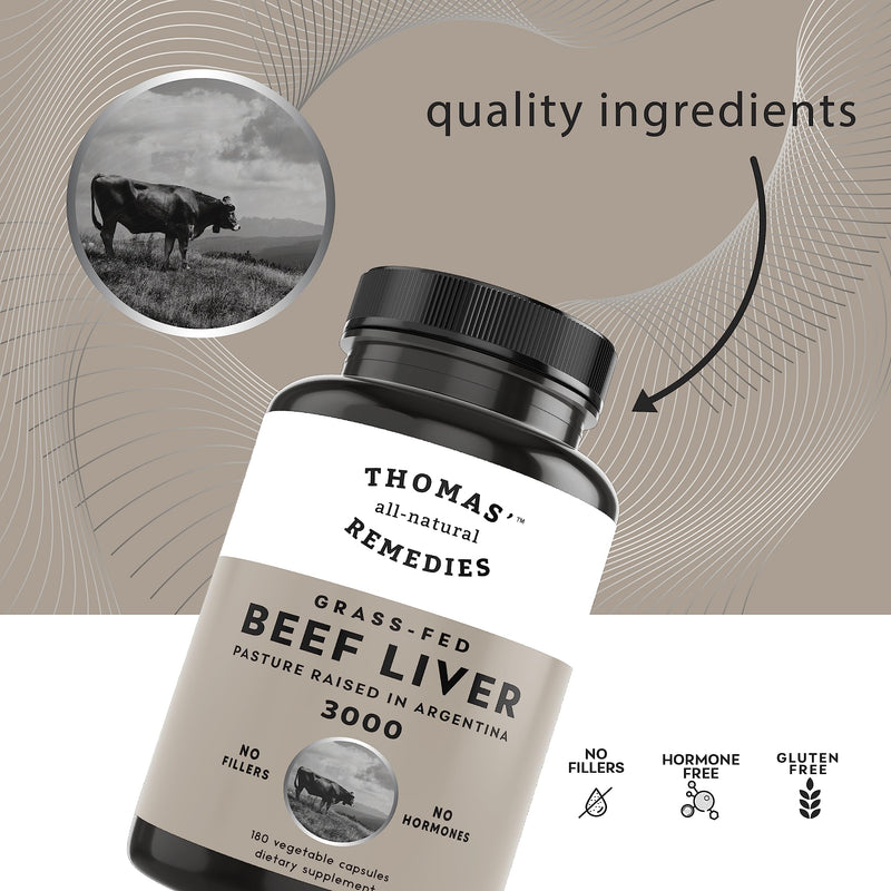 Toms Remedies Grassfed Beef Liver Supplement, 3000mg - Iron & Energy | Liver Supplement, Pasture Raised in Argentina, Natural Source of Iron, Vitamins A & B - Non-GMO & Hormone Free (180 Caps)