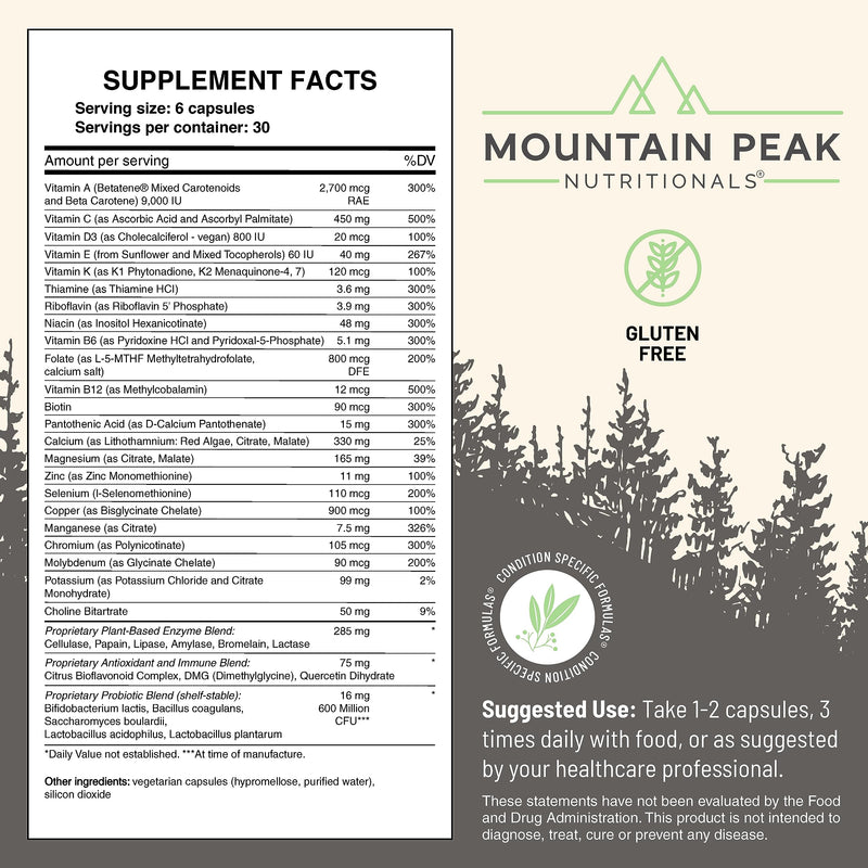 Mountain Peak Nutritionals Ultra High Multivitamin Men & Women 180ct | Vitamins A, B12, B6, C, D & E Plus Magnesium, Zinc, Folic Acid, Digestive Enzymes & Probiotics; 180 Vegetarian Capsules 180 Count (Pack of 1)