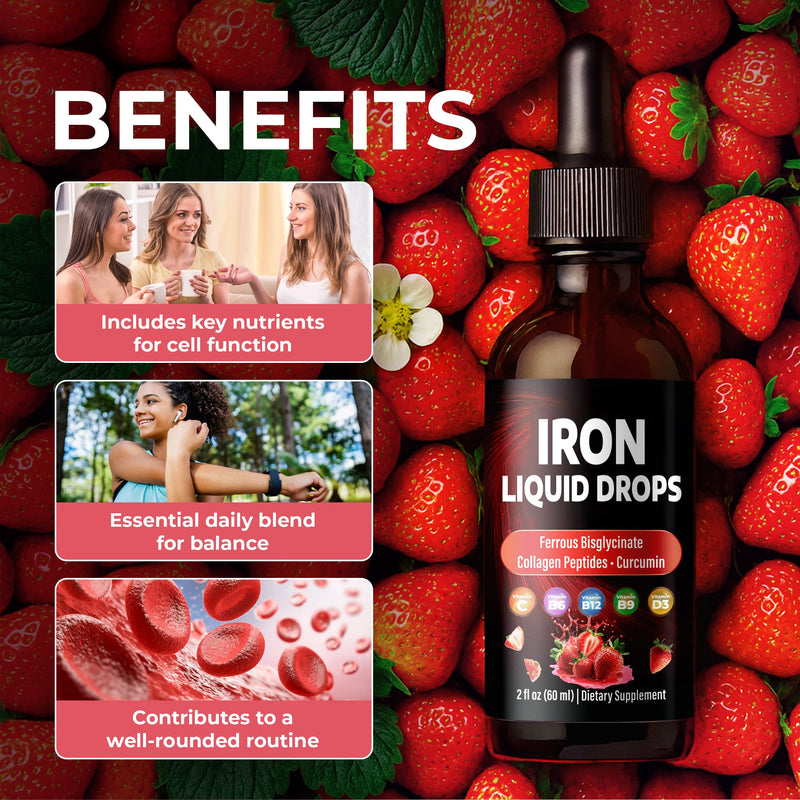 Liquid Iron Drops – with Vitamin C, B6, B12, Folic Acid, & Collagen | Strawberry Flavor - 2 Fl. Oz (60ml) 2 Fl Oz (Pack of 1)