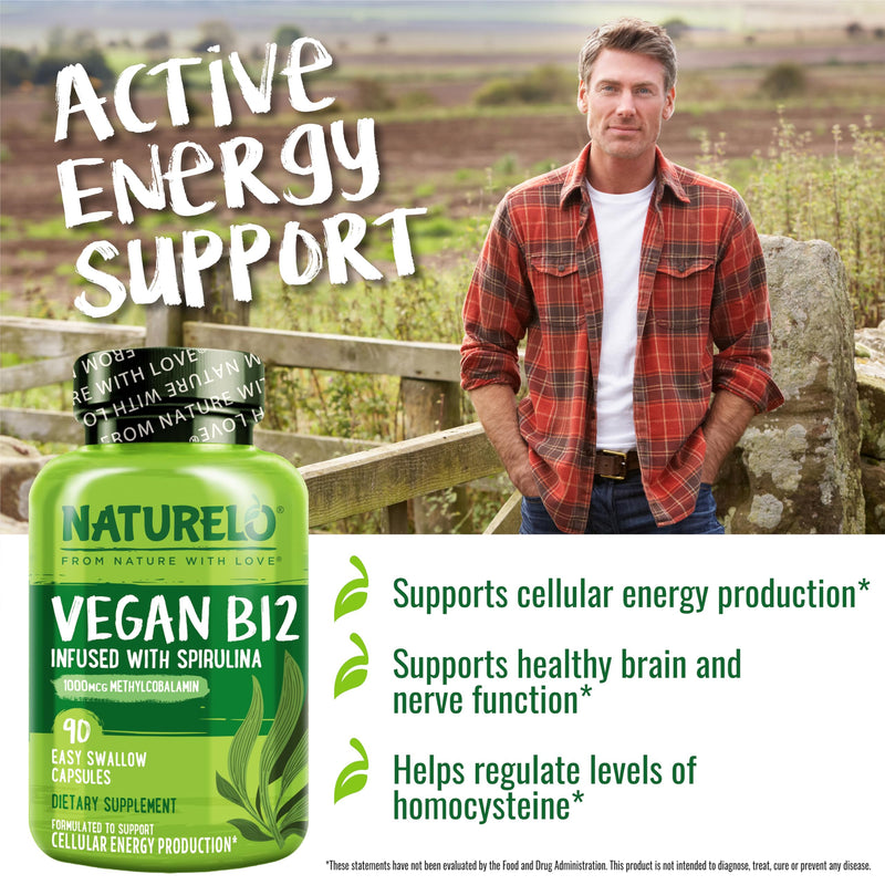 NATURELO Vegan B12 - Methylcobalamin, 90 Capsules | Organic Spirulina, Methyl B12 1000 mcg, Supports Healthy Mood, Energy, Heart & Eye Health, Vitamin B12 1000 mcg Unflavored 90 Count (Pack of 1)