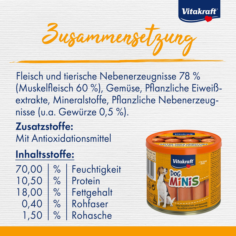 Vitakraft Dog Minis, grain-free dog treats, sausages, reward for in between meals, with poultry, reduced spice, in a resealable container, without added sugar (1x 120g) sausages 12 pieces - BeesActive Australia