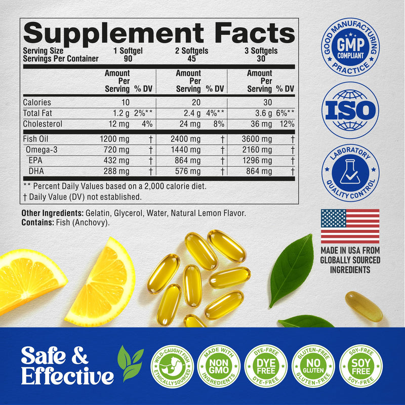 Omega 3 Fish Oil 3600 mg - Omega 3 Supplement | EPA & DHA - Heavy Metals Free - Heart, Brain & Joint Support - Purified Fish Oil for Men & Women - Burpless, Lemon Flavored - Made in USA, 90 Softgels - BeesActive Australia