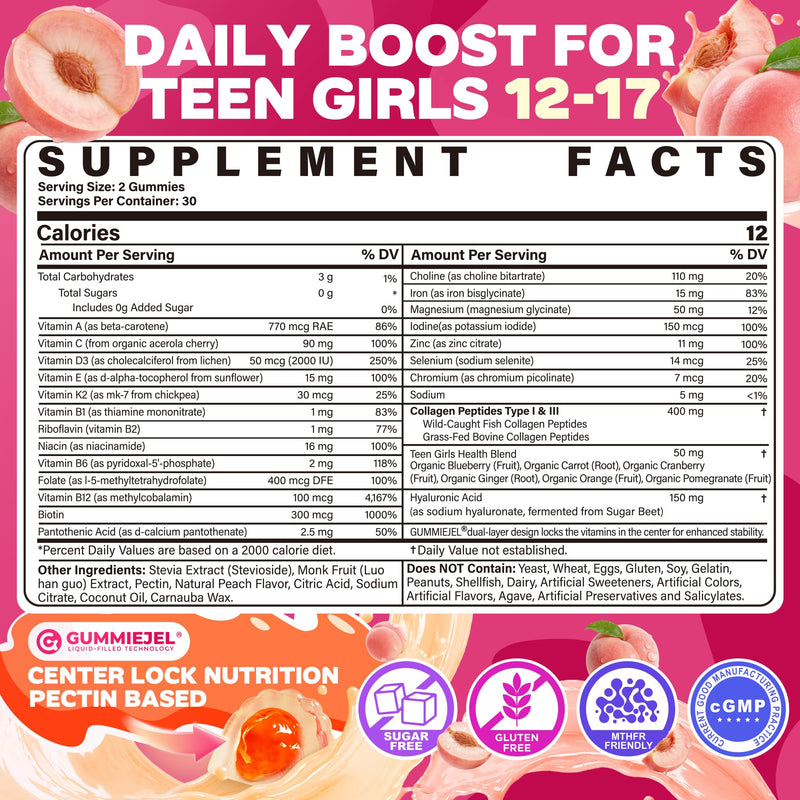 Methylated Multivitamin Gummies for Teen Girls 12-17, Methylfolate, Iron | Collagen, D3 K2, Magnesium, Zinc, Daily Vitamins A C E, B Complex for Teenager Growth, Skin, Bone, Energy - Sugar Free 120Cts 60 Count (Pack of 2)