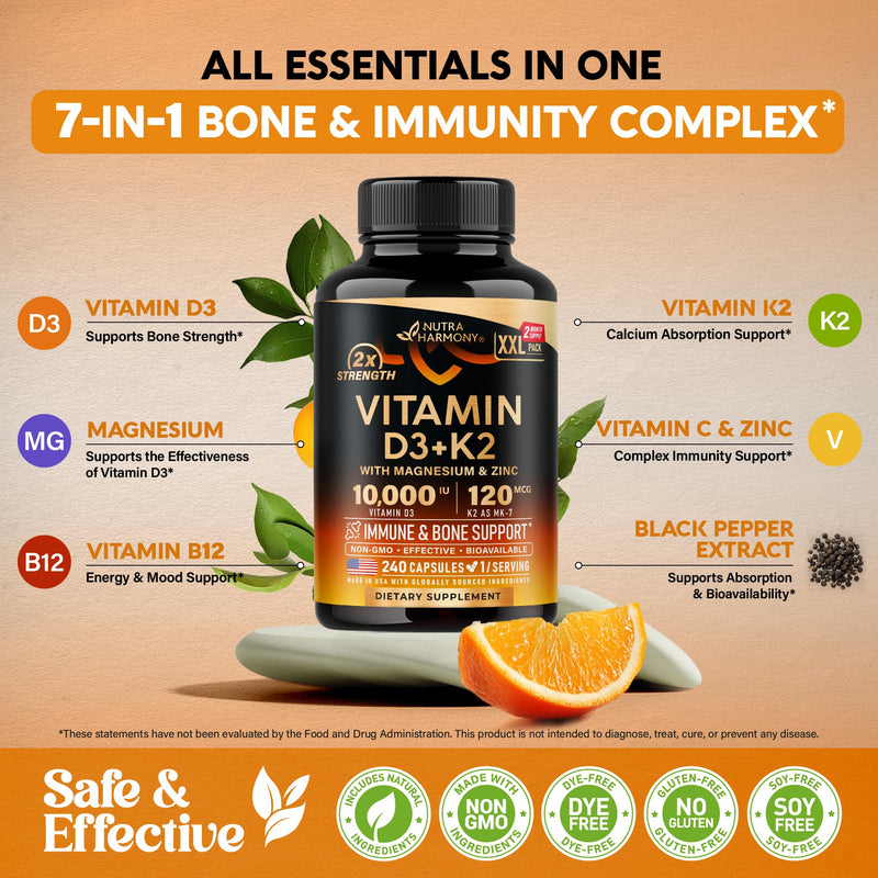 Vitamin D3 K2 - Vitamin D3 10000 iu & K2 as MK-7 120 mcg Complex - 240 Caps | D3 K2 + Magnesium, Zinc & Vitamin C & B12- Immune & Mood Support, Bone & Teeth Health - for Men & Women - Highly Bioavailable 240 Count (Pack of 1)