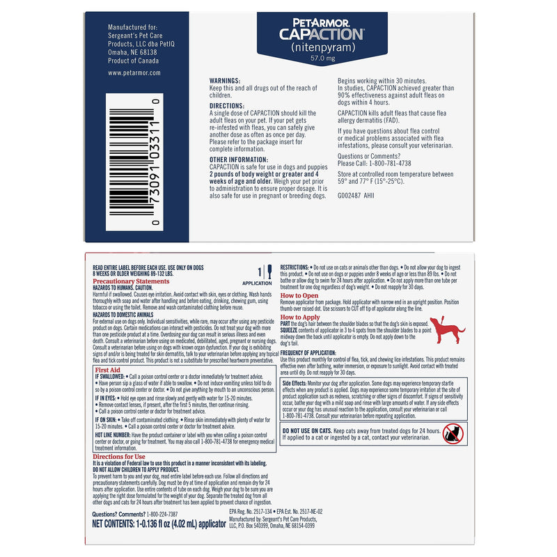 PetArmor CAPACTION Oral Flea Treatment for Dogs (6 Doses) + Bonus PetArmor Plus Topical Flea & Tick Treatment & Preventative for Dogs 89-132 lbs (1 Dose) Treat + Prevent 89-132 lbs 1 Count