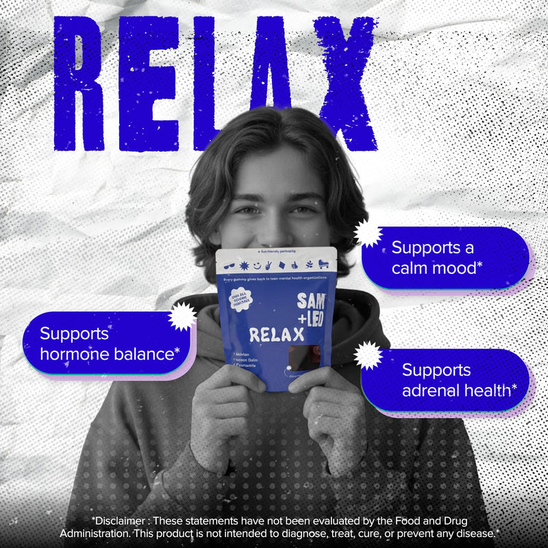 SAM+LEO Relax Gummies for Kids & Teens, Stress Relief, Cherry, 60ct | Valerian, Lemon Balm & Chamomile, vegan, gluten-free calming stress and relaxation gummies, cherry flavor, ages 4+