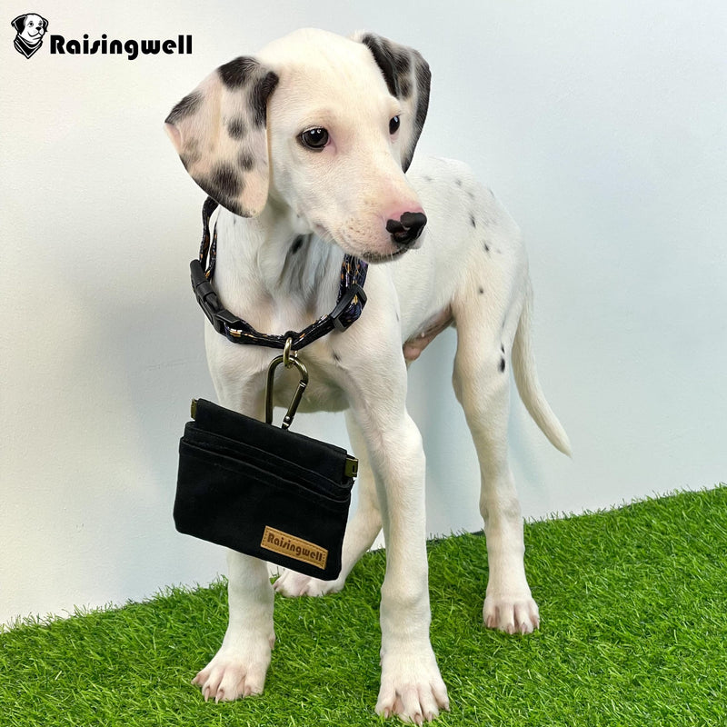 Dog Treat Pouch, Black Pocket Sized Pet Training Pouch, Cotton Fabric, Hand Free Dog Walking Bag with Carabiner, Self-Closing Pet Feed Snack Reward, for Pet Puppy Travel or Outdoor Use a.Black - BeesActive Australia
