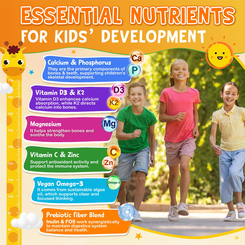Kids Calcium Gummies with Vitamin D3 K2 - Calcium Citrate 800mg | with Magnesium, Zinc, Vitamin C, Omega-3, and Prebiotics for Kids - Sugar Free Gummies, Non-GMO, Vegan, 60 Ct Strawberry 60 Count (Pack of 1)