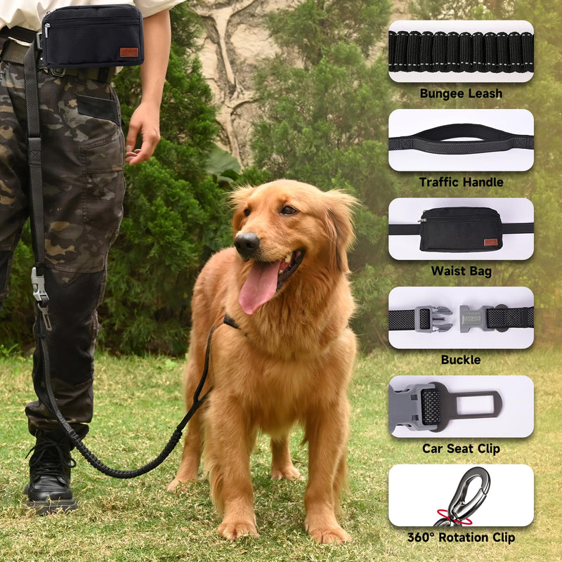 Hands Free Dog Leash with Zipper Pouch, Double Handle Running Reflective Bungee Waist Leash for Dog Walking, Training and Hiking for Small Medium Large Dogs (Black) Black