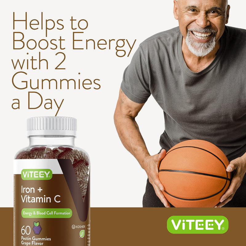 Viteey Iron Gummies - Iron with Vitamin C | Energy, Blood Support and Anemia Supplement for Women & Men - Vegan, Gluten Free - 120 Count 1 Count (Pack of 120)
