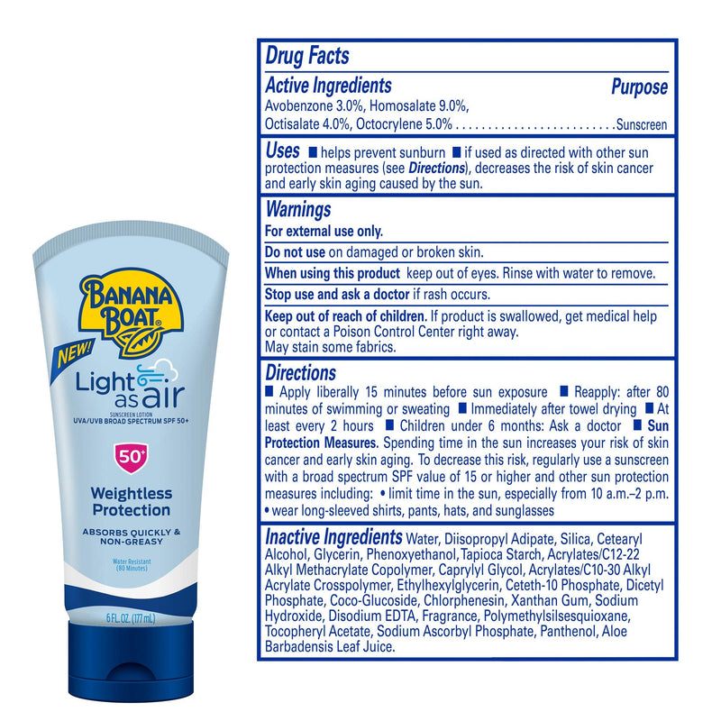Banana Boat Light As Air Sunscreen Lotion SPF 50 Twin Pack | Lightweight Sunscreen, Lotion Sunscreen, Banana Boat Sunscreen Lotion for Body, Non-Greasy Sunscreen, Oxybenzone Free Sunscreen, 6oz each 6 Fl Oz (Pack of 2) - BeesActive Australia
