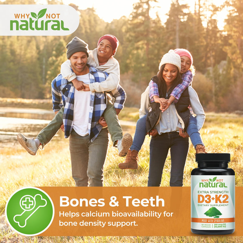 Why Not Natural Vitamin D3 K2 (MK-7) with Spirulina, 10000 IU Extra Strength Supplement in Veggie Capsules, Supports Bone Health, Immune System and Mood
