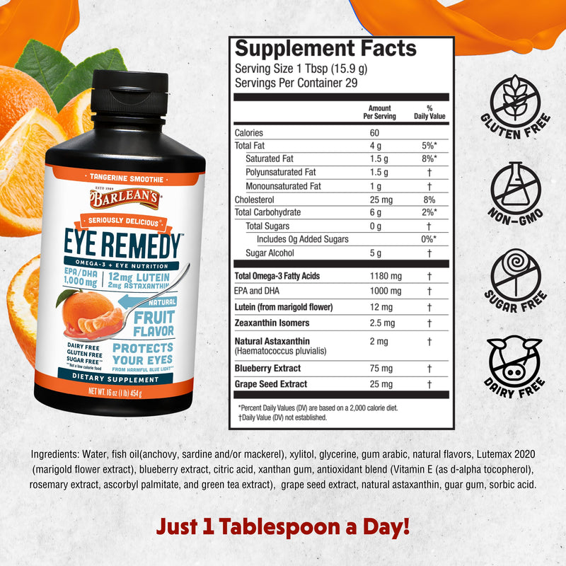 Barlean's Tangerine Omega-3 Eye Remedy Fish Oil, 1000mg EPA & DHA, 16oz | Lutein, zeaxanthin, astaxanthin, eye and vision support, EPA DHA omega-3, tangerine smoothie, blue light, non-GMO Eye Remedy - Tangerine Smoothie 16 Fl Oz (Pack of 1)