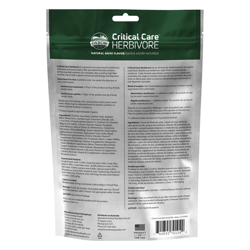 Oxbow Animal Health Critical Care, Herbivore, Anise Flavor, 454g Bag, 70104 - BeesActive Australia