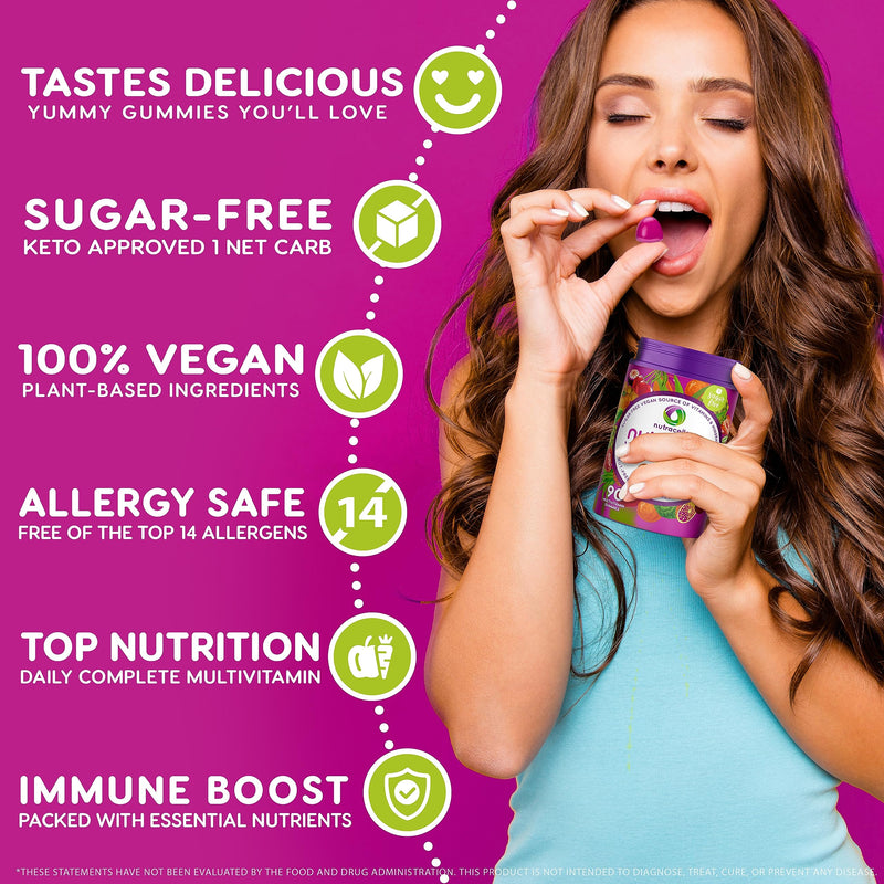 NUTRAMIN Daily Vegan Keto Multivitamin Gummies, Sugar-Free, 90 Count | Non-GMO Natural Vitamin C, D, Zinc for Immunity, Plant-Based, Nut-Free, Gluten-Free, Biotin, Vitamin A, B, B6, B12, 45-Day 90 Count (Pack of 1)