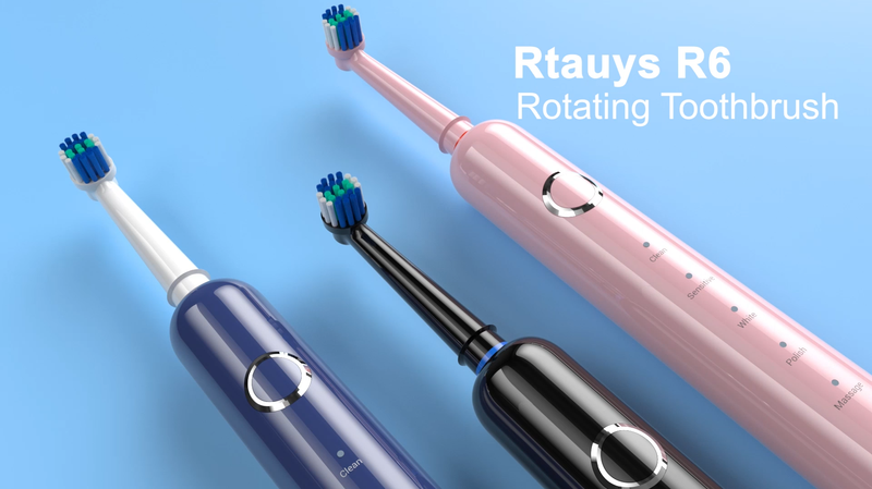 Rtauys Rotating Electric Toothbrush for Adults with 8 Brush Heads (2 Types), 5 Modes Rechargeable Power Toothbrush with Travel Case and 2 Minute Smrte Timer Black