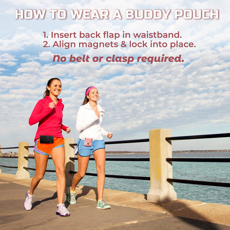 Running Buddy Unisex Running Fanny Pack - Men & Women | Walking, Traveling Waist Pack | Beltess, Chafe & Bounce Free | Water-Resistant & Magnetic Closure | L, XL, XXL | Black or Black & Pink