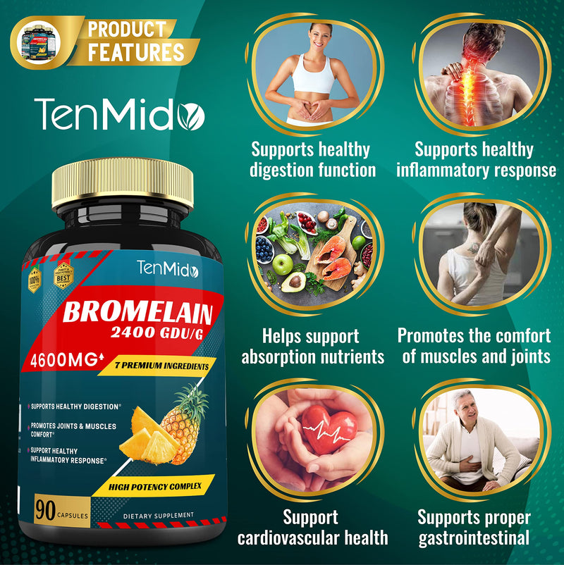 Bromelain Extract Capsules 4600mg, Proteolytic Enzymes & VitC, Quercetin, Echinacea, Garlic, Pepper - Supports Digestion Health, Nutrient Absorption - 90caps, 3Months supply - BeesActive Australia