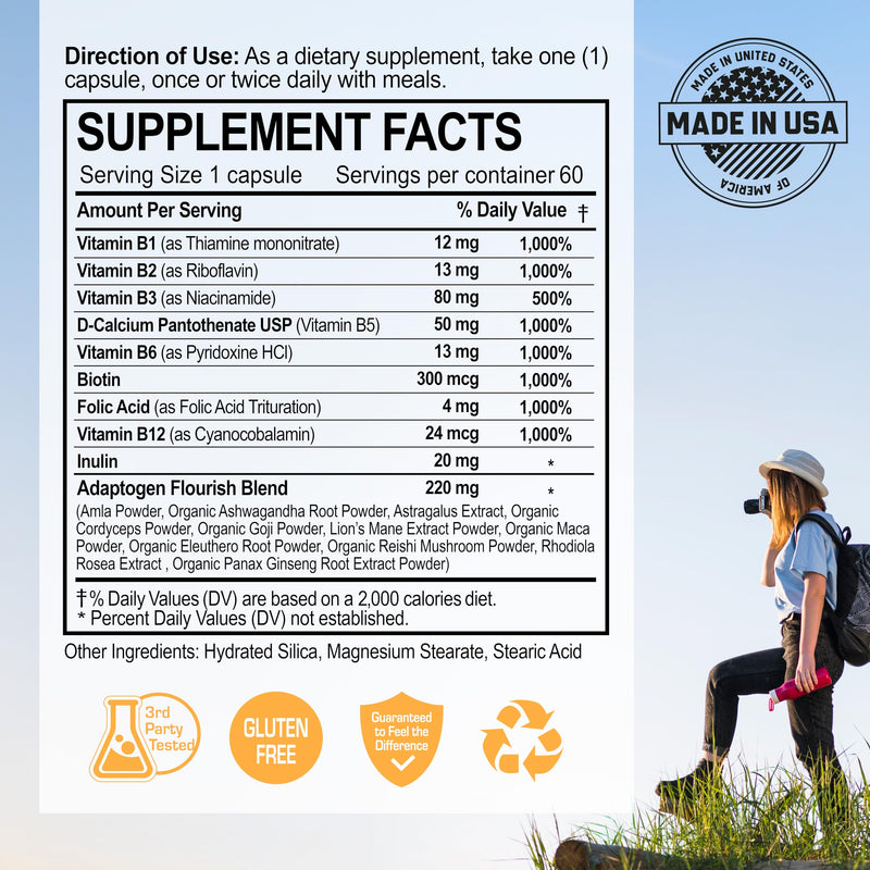 NANOWELL B Complex Premium - Full Spectrum of B Vitamins for Energy, Heart & Immune Support - B-Complex Supplement with Adaptogens - 60 Capsules, 60-Day Supply