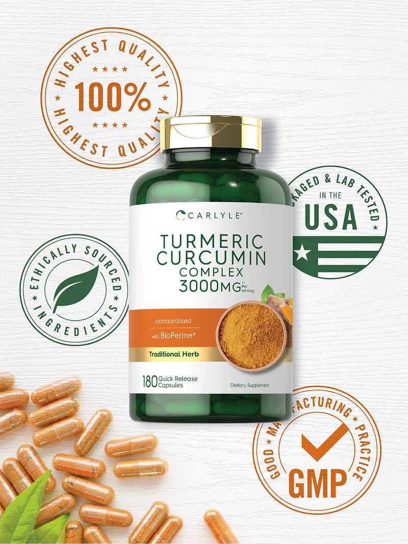 Carlyle Turmeric Curcumin with Black Pepper | 3000mg 180 Capsules | Curcuminoids and Bioperine Supplement | Non-GMO, Gluten Free - BeesActive Australia