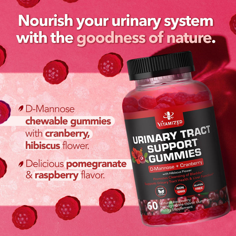 Potent Cranberry Gummies with D Mannose - Urinary Tract Health for Women & Men, Urinary Flush & Bladder Fast-Acting Support Supplements with Hibiscus Powder, 60 Count 60 Count (Pack of 1)