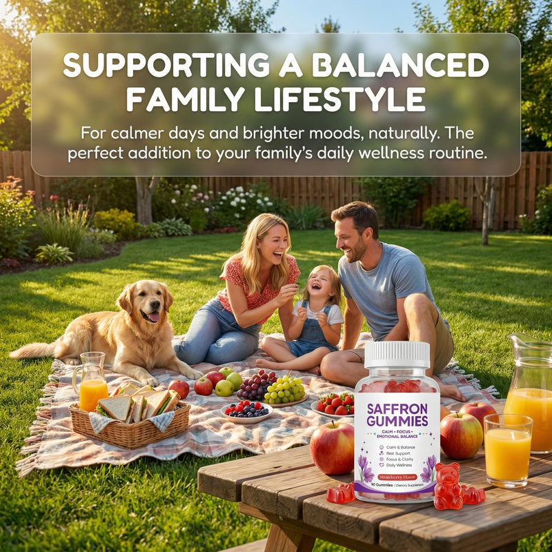 Saffron Gummies, Mood & Calm Support withPassion Flower, St. John's Wort, GABA & Vitamin D2,Emotional Balance & Focus Formula, Strawberry Flavor, 90Gummies