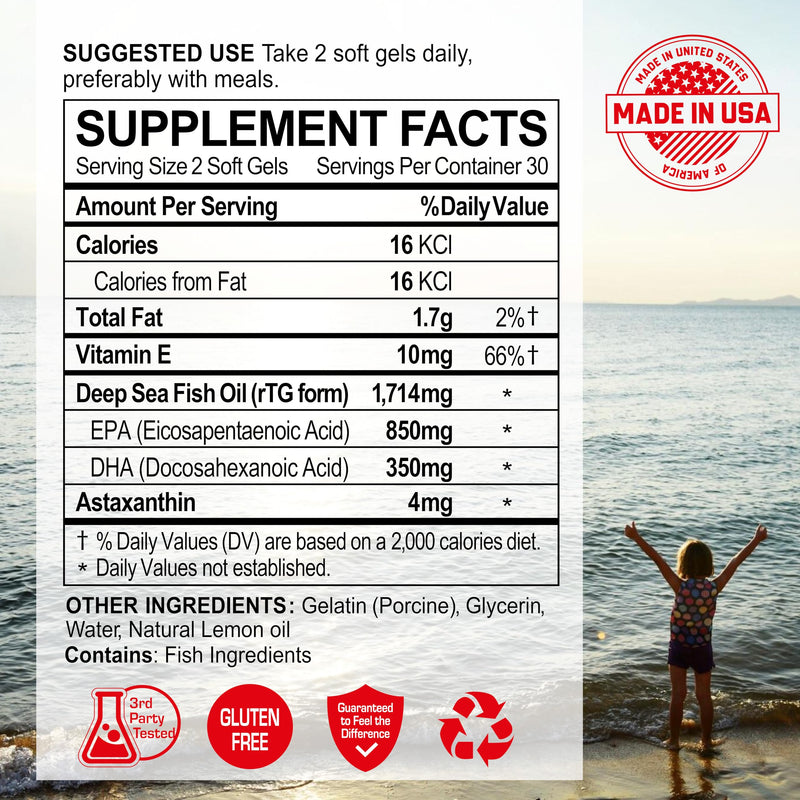 Nanowell True Sea Red Omega-3 Premium with Astaxanthin, DHA & EPA - Immune Support, Fish Oil - 60 Softgels