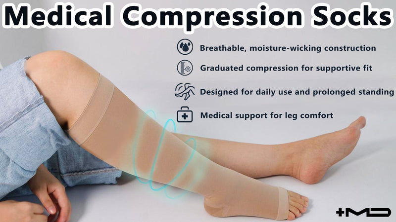 '+MD 2 Pairs 20-30 mmHg Compression Socks for Women & Men, Knee High Open Toe Stockings, Graduated Support & Comfort Hose Large 2 Pairs Nude