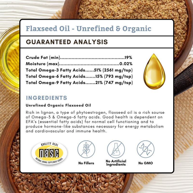 Wholistic Pet Organics Flaxseed Oil for Dogs - 16 Oz - Omega 3 Supplement for Dog Itchy Skin, Dry Skin Relief & Shedding - Skin & Coat Vitamins - PawsPlanet Australia
