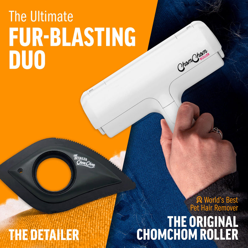 ChomChom Roller & Detailer Bundle - Pet Hair Remover and Reusable Lint Roller - ChomChom Cat and Dog Hair Remover for Furniture, Couch, Carpet, Clothing and Bedding - Multi-Surface Fur Removal Tool Black Detailer - BeesActive Australia