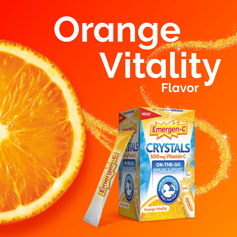Emergen-C Crystals, On-The-Go Immune Support Supplement with Vitamin C, B Vitamins, Zinc and Manganese, Orange Vitality - 56 Stick Packs - BeesActive Australia