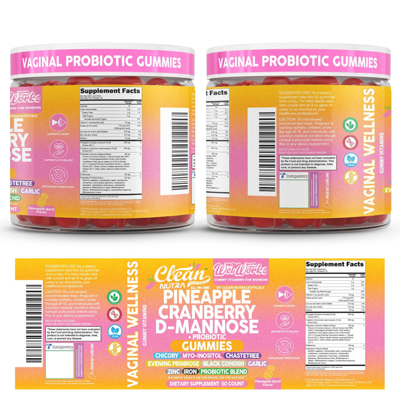 Wet Works Women's Vaginal Probiotic Gummies Pineapple Cranberry Folic Acid D-Mannose Vitamin C Chicory Myo Inositol Garlic Black Cohosh Zinc Iron Evening Primrose Chastetree 60 Count by Clean Nutra