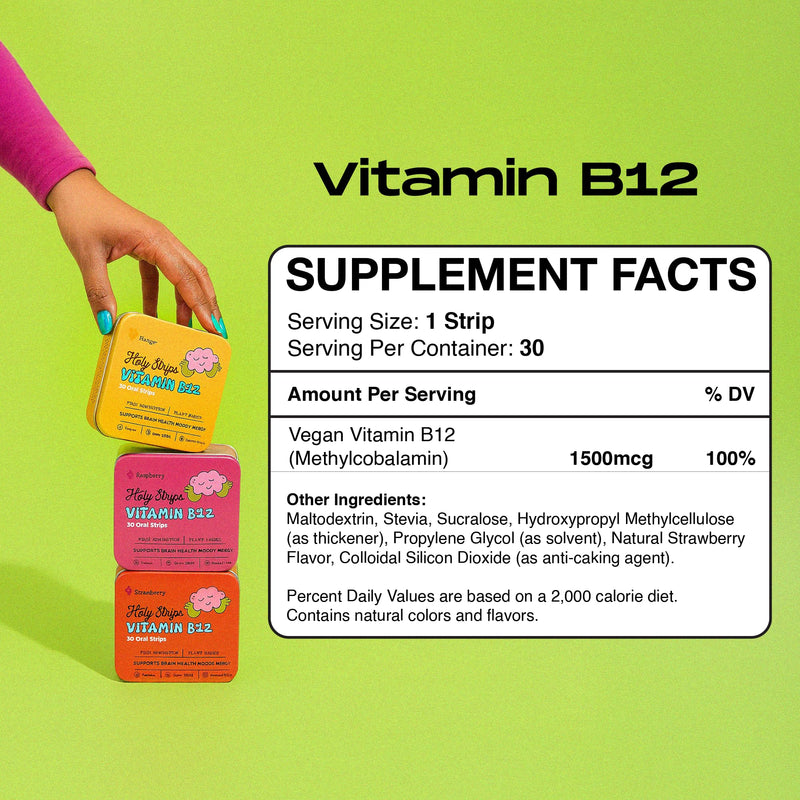 Vitamin B12 Oral Strips - Fast-Absorbing, Vegan, Non-GMO, Sugar-Free for Tiredness and Fatigue - Delicious Strawberry Flavor - 30 Count
