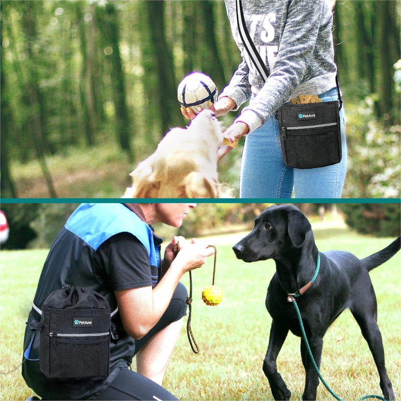 PetAmi Dog Treat Pouch, Pet Treat Pouch for Training, Dog Walking Bag Holder for Kibbles, Pet Food Toy, Dog Trainer Essentials Supplies, Poop Bag Dispenser, 3 Ways to Wear (Black) One Size Black - BeesActive Australia