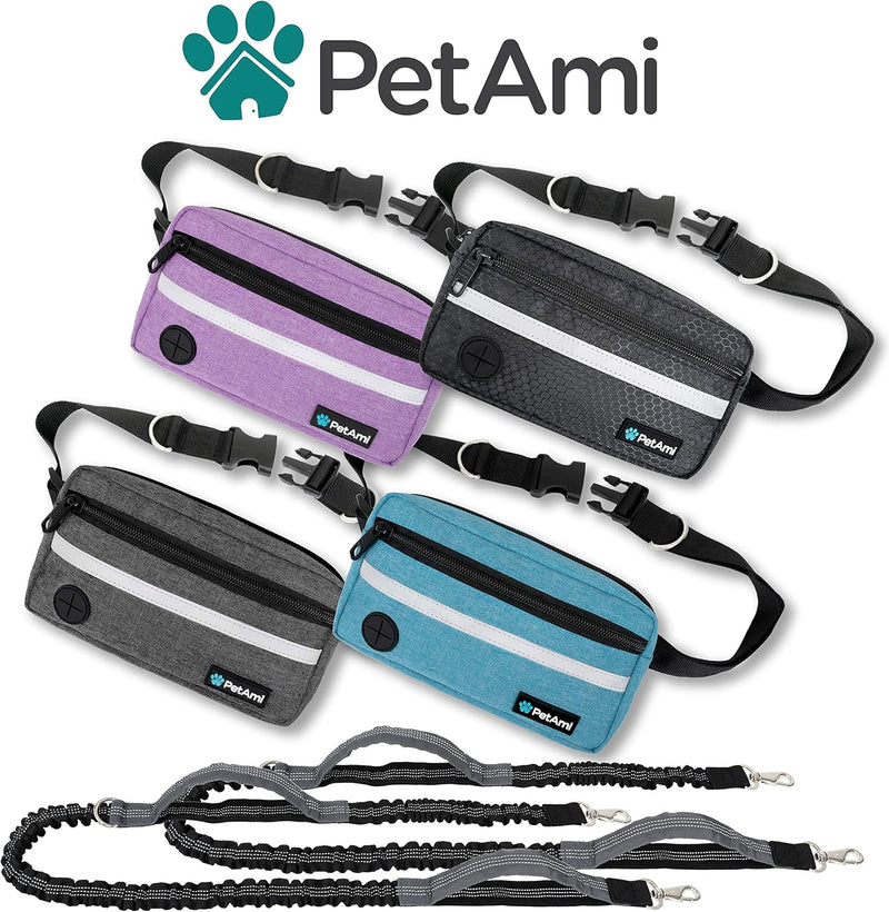 PetAmi Hands Free Dog Leash, Dog Running Leash Belt for Walking Jogging, Dog Waist Zipper Pouch Fanny Pack with Poop Bag Dispenser, Dual Padded Handle Bungee Leash for Small Medium Large Dogs, Double 2 Leashes Purple - BeesActive Australia