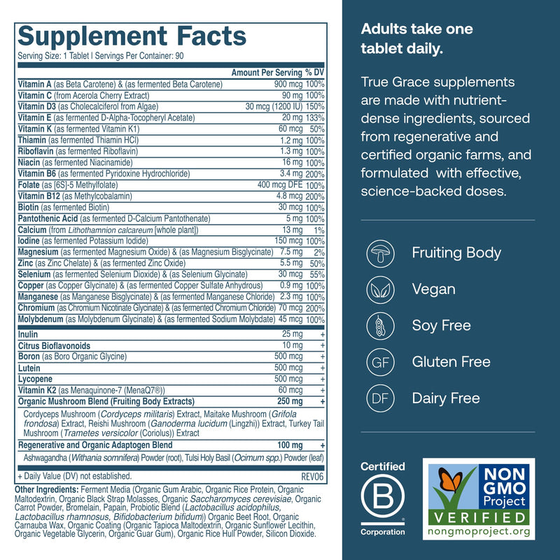 True Grace One Daily Men’s Multivitamin Fermented Minerals, Organic Adaptogens & Mushrooms Whole Body Balance Immune, Endurance, Bone & Heart Support - Non-GMO, Gluten Free - 90 Vegan Tablets 90 Day Supply