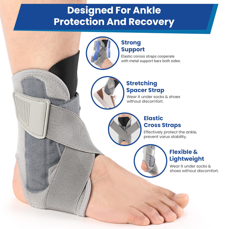 Ankle Brace for Women Men, Ankle Support Brace for Injury Recovery, Sprain, Achilles, Tendon, Ankle Support for Women Men with Adjustable Wrap, Ankle Stabilizer for Sports Gray