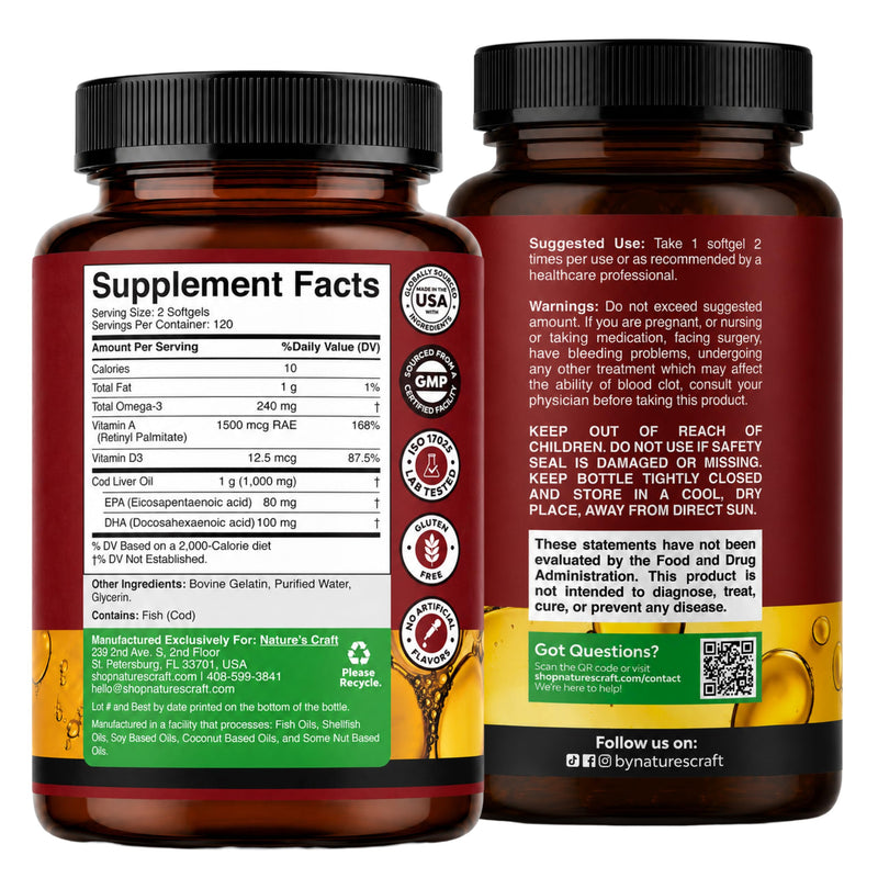 Cod Liver Oil Capsules, Omega 3 Fish Oil, 120-Day Supply, 240 Mini Softgels | 1,000 mg per 2-softgel serving with 240 mg total omega-3s, EPA & DHA, vitamins A & D3, from wild-caught Icelandic cod 240 count (Pack of 1)