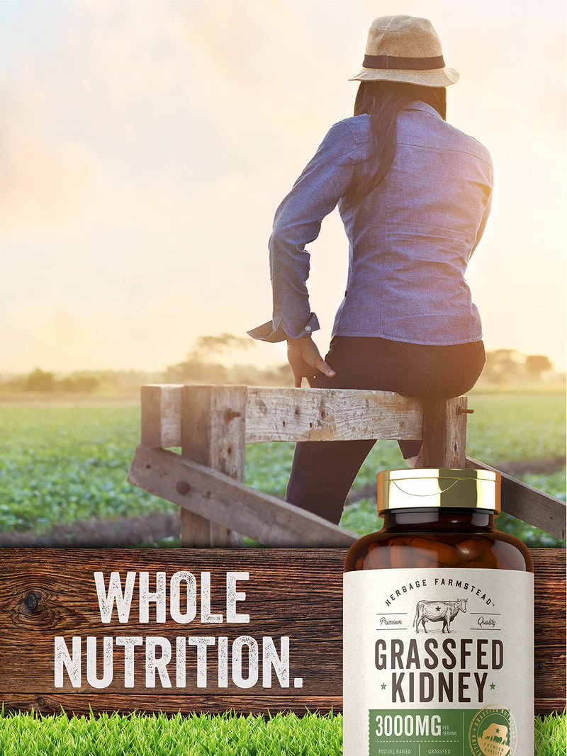 Carlyle Grass Fed Beef Kidney Supplement | 200 Capsules | 3000mg | Pasture Raised Desiccated Bovine Supplement | Hormone and Pesticide Free | Non-GMO, Gluten Free | by Herbage Farmstead 200 Count (Pack of 1)
