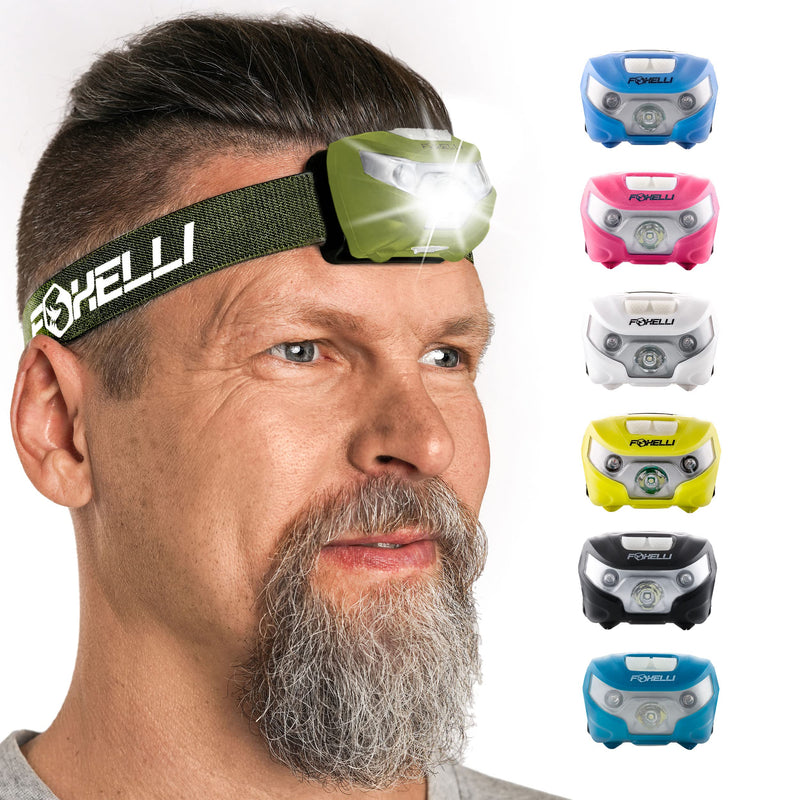 Foxelli Rechargeable Headlamp Bundle of 2 – Khaki & Black: Super Bright LED Head Lamps, Lightweight & Comfortable for Running, Camping, Hiking & Work